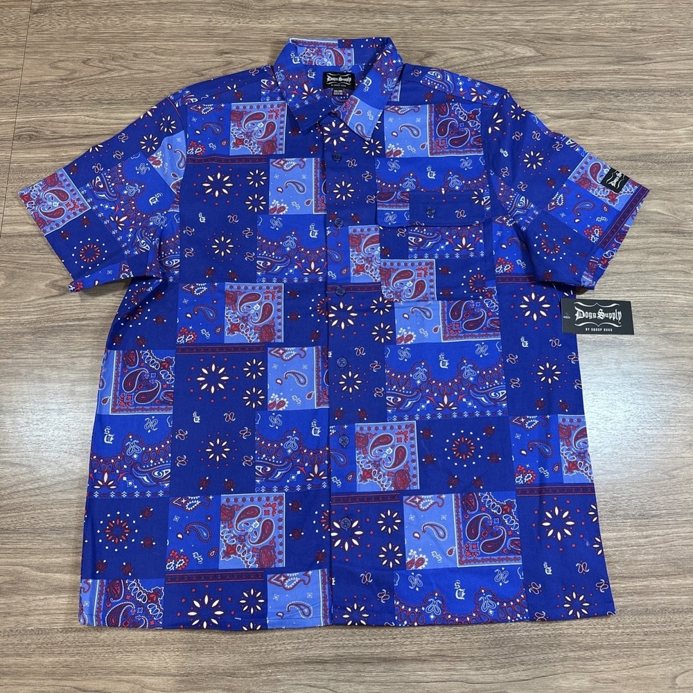 NWT Men 2XL Dogg Supply By Snoop Dog Blue Bandana Button Down Short Sleeve‎ Mens